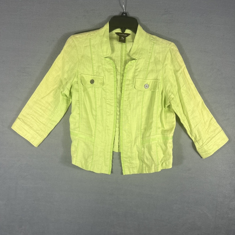 Multiples Women's PS Petite Small Lime Green 100% Linen Open Front Jacket